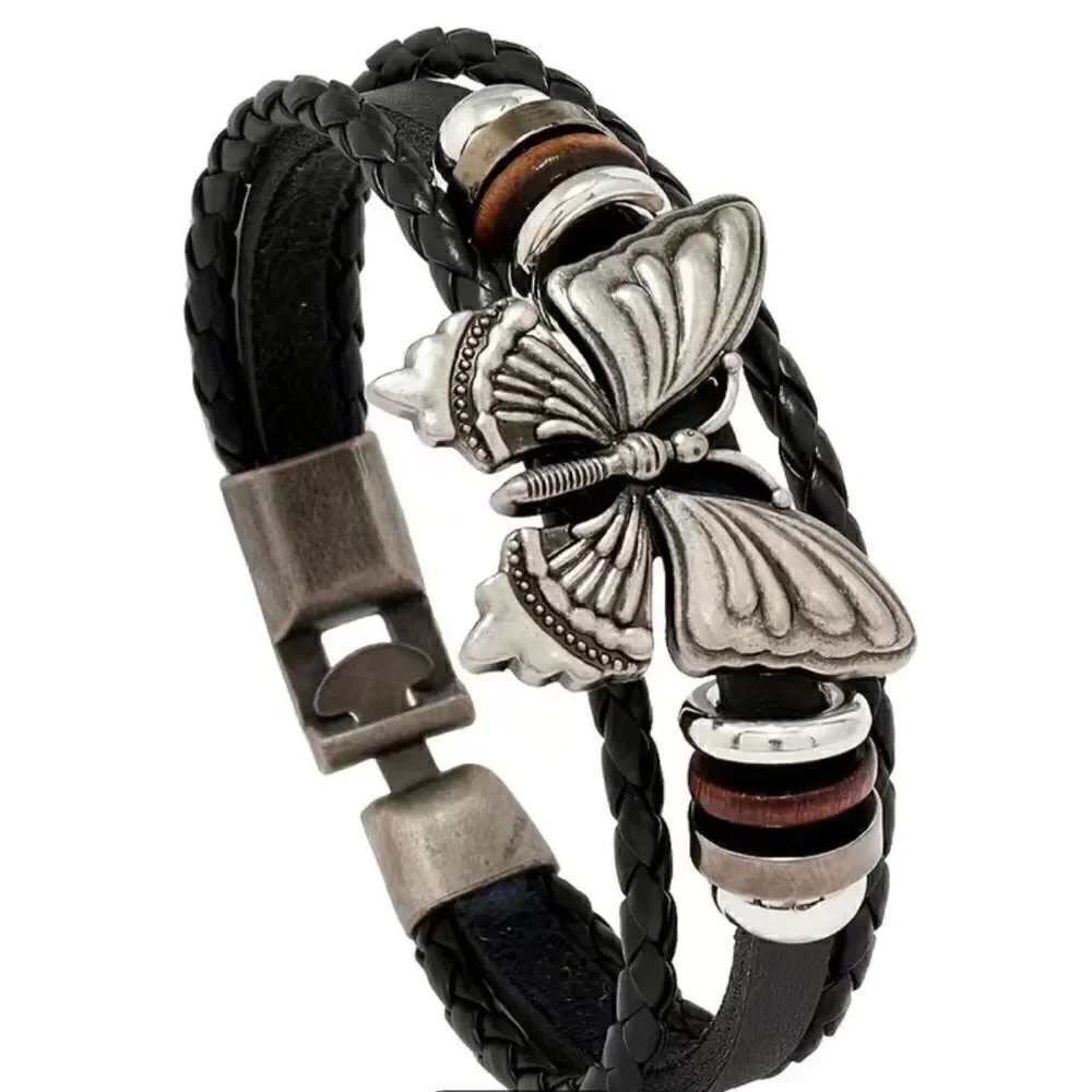 Retro Boho Black PU Leather And Silver Tone Butterfly Bracelet NWT